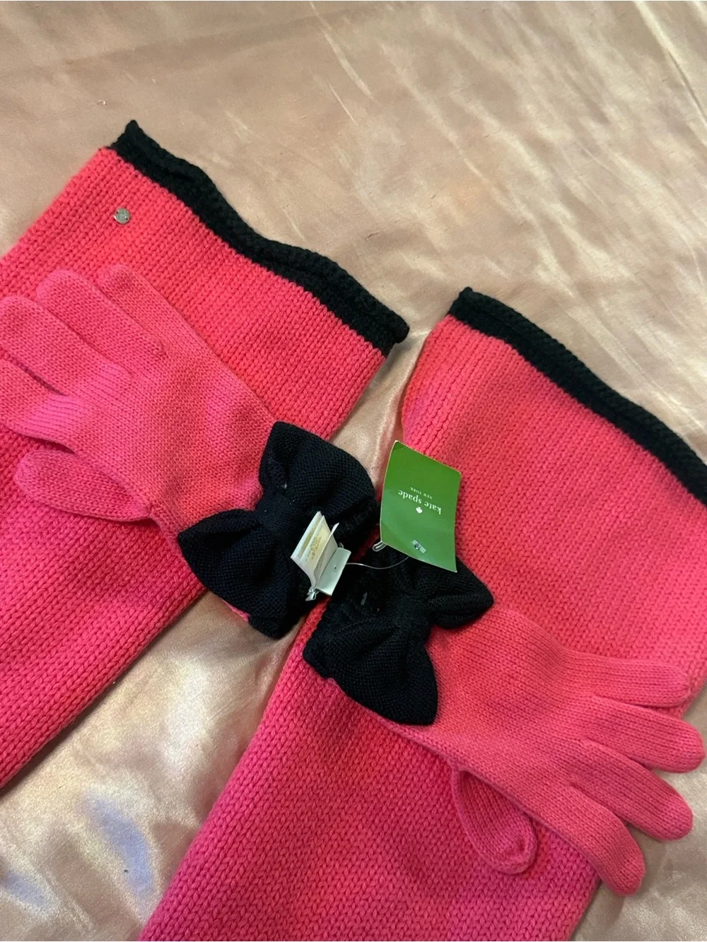 kate spade Hot Pink and Black Knit Glove & Scarf Set